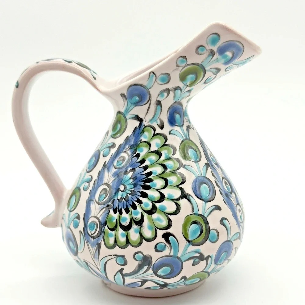 Vintage Ikaros Pottery Hand Painted Pitcher Rhodes Greece White Blue Green